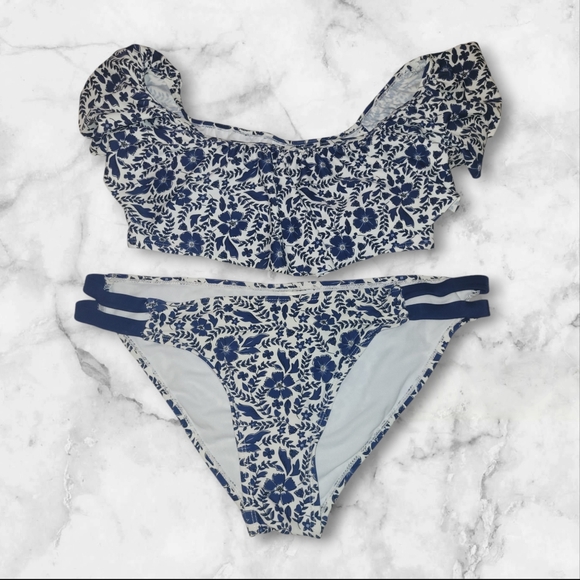 Kensie Other - KENSIE - Blue Ruffle Off Shoulder Floral Bikini
